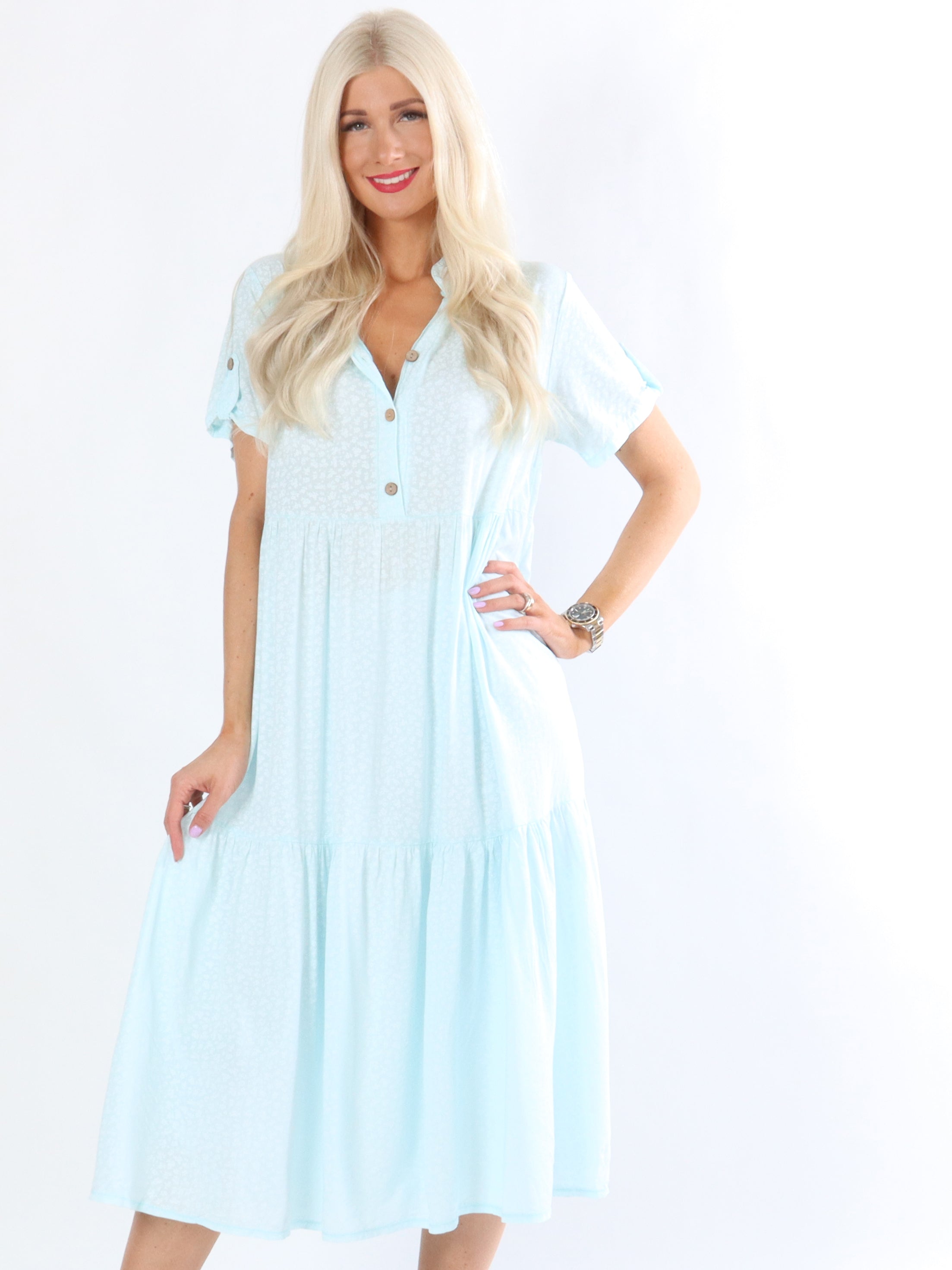 Barbara - Armygrøn kjole med blomsterprint og knapper ved bryst